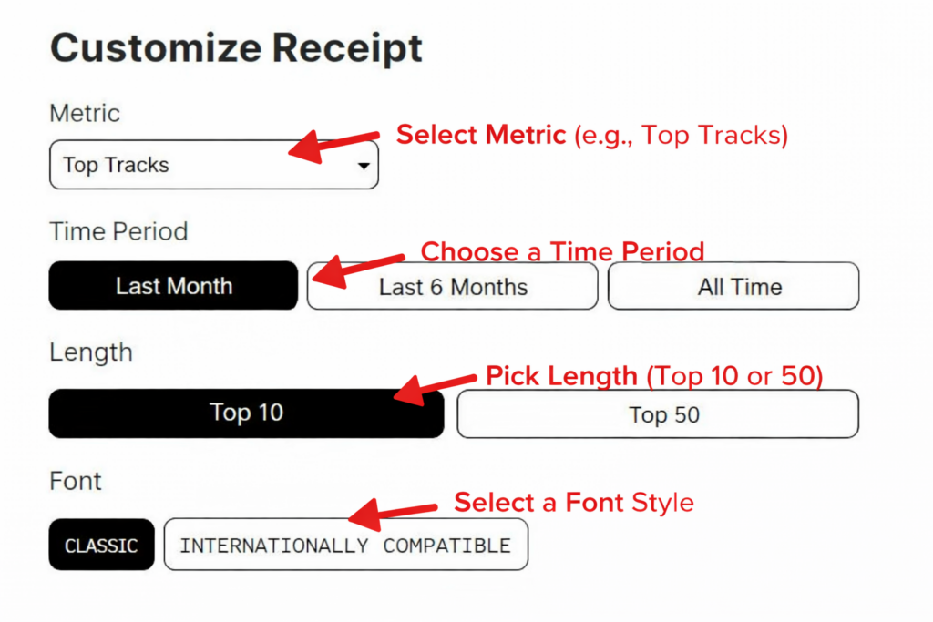 Screenshot of the Spotify Receiptify customization options, including metrics (Top Tracks), time period (Last Month, Last 6 Months, All Time), length (Top 10, Top 50), and font style selection