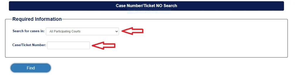 A screenshot of a "Case Number/Ticket NO Search" web form for Missouri court cases, featuring dropdown fields for "Search for cases in" and a text box for "Case/Ticket Number" 