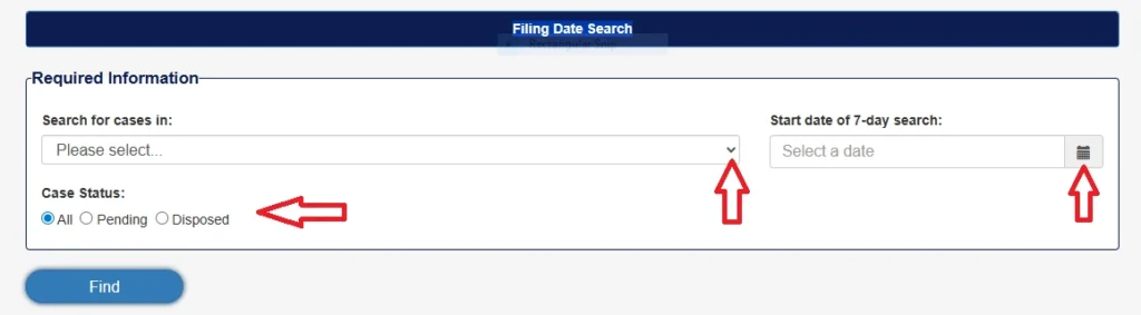 A screenshot of a "Filing Date Search" web form for Missouri court cases, showing dropdown menus for court selection and a date picker for a "7-day search," input fields and case status option