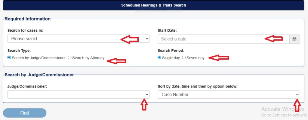 Scheduled Hearings & Trials Search" web form for MO court cases, featuring dropdowns for court selection and specific "Judge/Commissioner" or "Attorney" names, with red arrows highlighting the date picker, search period options, and sorting preferences.